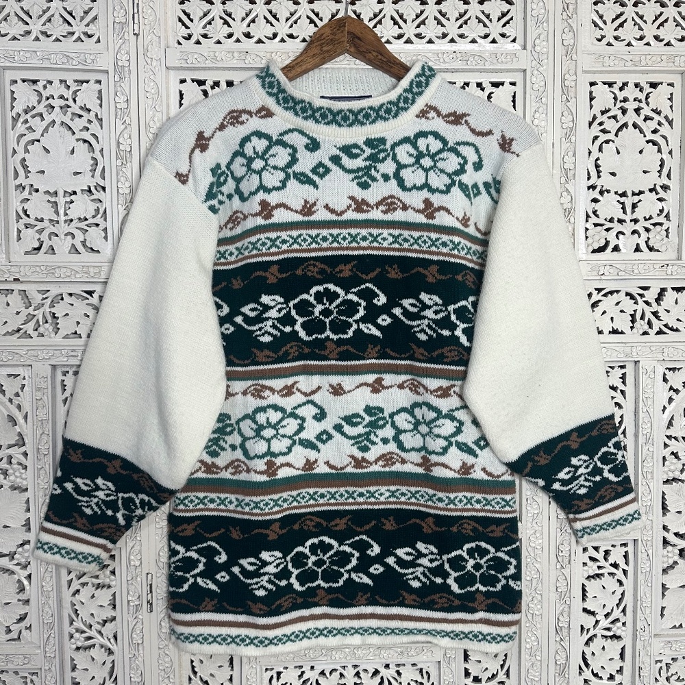 Vintage Ivory & Green Floral Retro Grannycore Sweater Sz Small